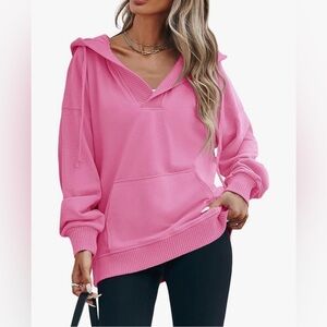V-Neck Long Sleeve Hooded Sweatshirt Size S
